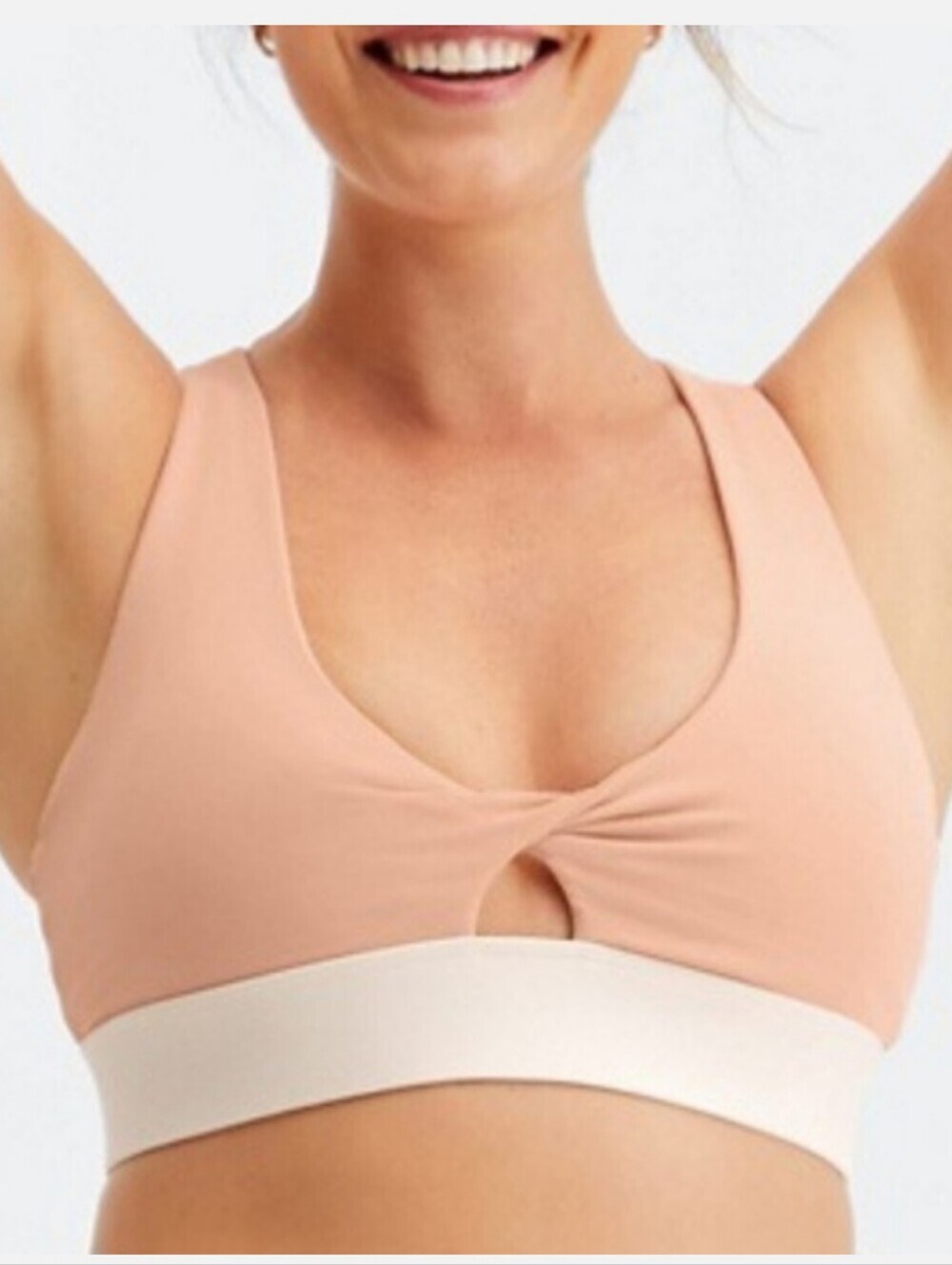 Fabletics Oasis Twist Sports Bra Size 1X Blush Pink Off White Gym Yoga EUC